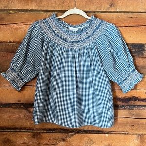 Doên, Small, blue gingham, scrunch neck top.